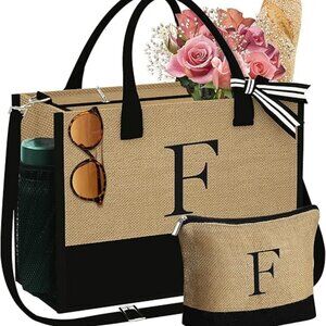 Initial Jute Tote Bag & Makeup Bag, Birthday Gifts for Women Her Mom Teacher